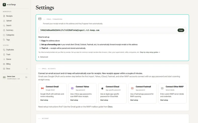 The Settings page in rct-keep showing email forwarding and the Connect Gmail card