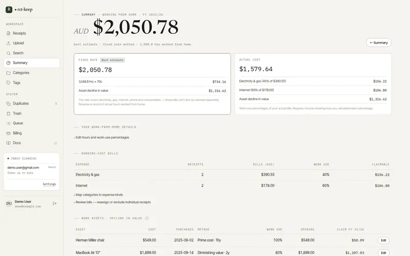 The WFH estimator comparing the fixed-rate and actual-cost methods, with running-cost bills and work assets