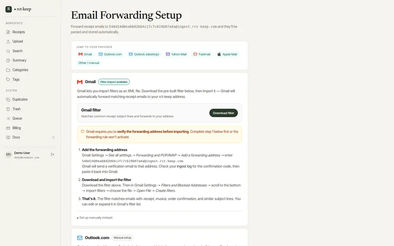 The Email Forwarding Setup page showing your personal forwarding address and the pre-built Gmail filter