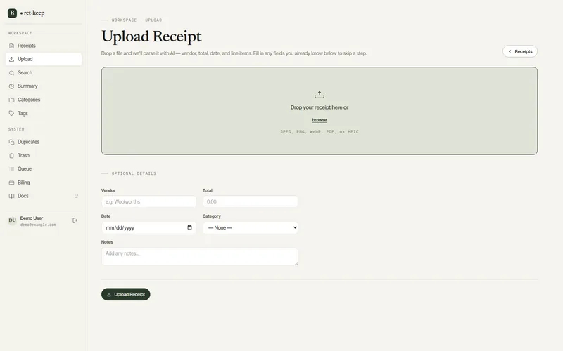 The rct-keep upload page where photos and PDFs go in
