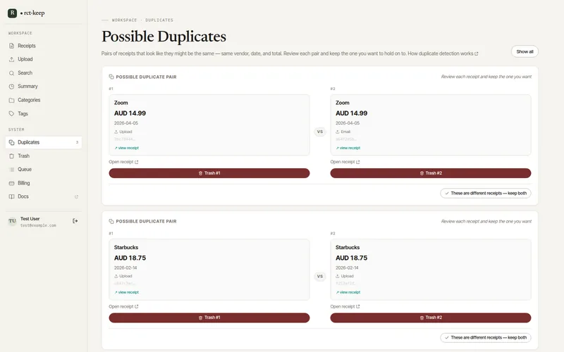 The Possible Duplicates page showing grouped pairs of receipts with Keep and Delete buttons