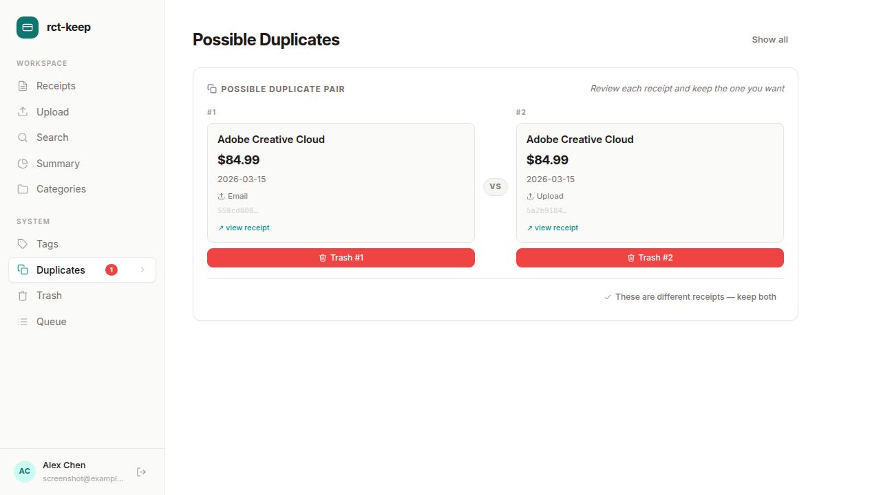 The Possible Duplicates page showing grouped pairs of receipts with Keep and Delete buttons