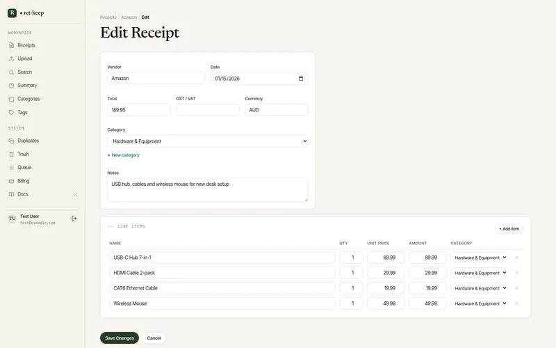 The Edit Receipt form showing Vendor, Date, Total, GST/VAT, Currency, Category, and Notes fields