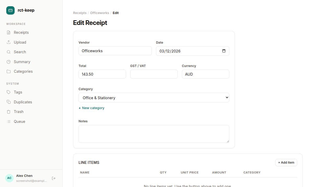 The Edit Receipt form showing Vendor, Date, Total, GST/VAT, Currency, Category, and Notes fields