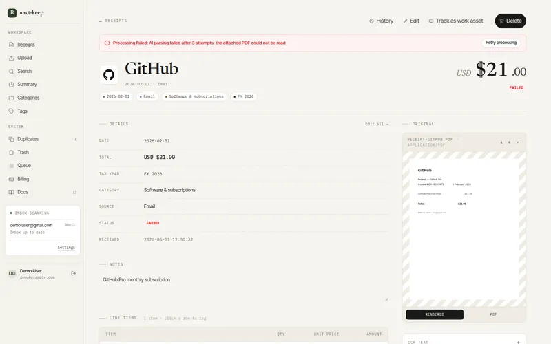 A receipt detail page showing the red Processing failed banner with a Retry processing button