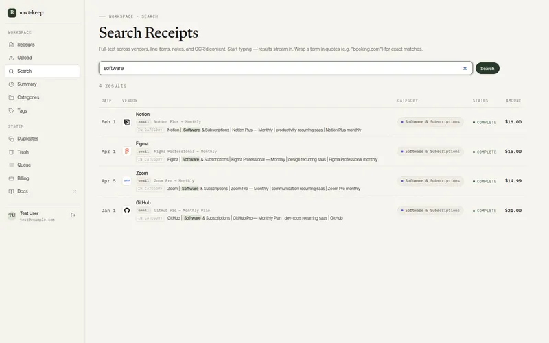 The Search Receipts page showing results for a query, each with a match label and highlighted snippet