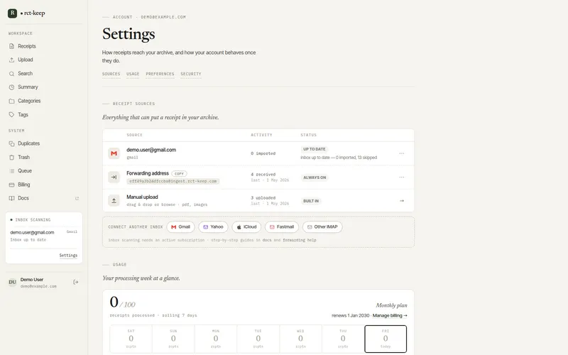 The Settings page showing the Receipt sources ledger with a connected Gmail inbox, the forwarding address, manual upload, and the connect-another-inbox rail