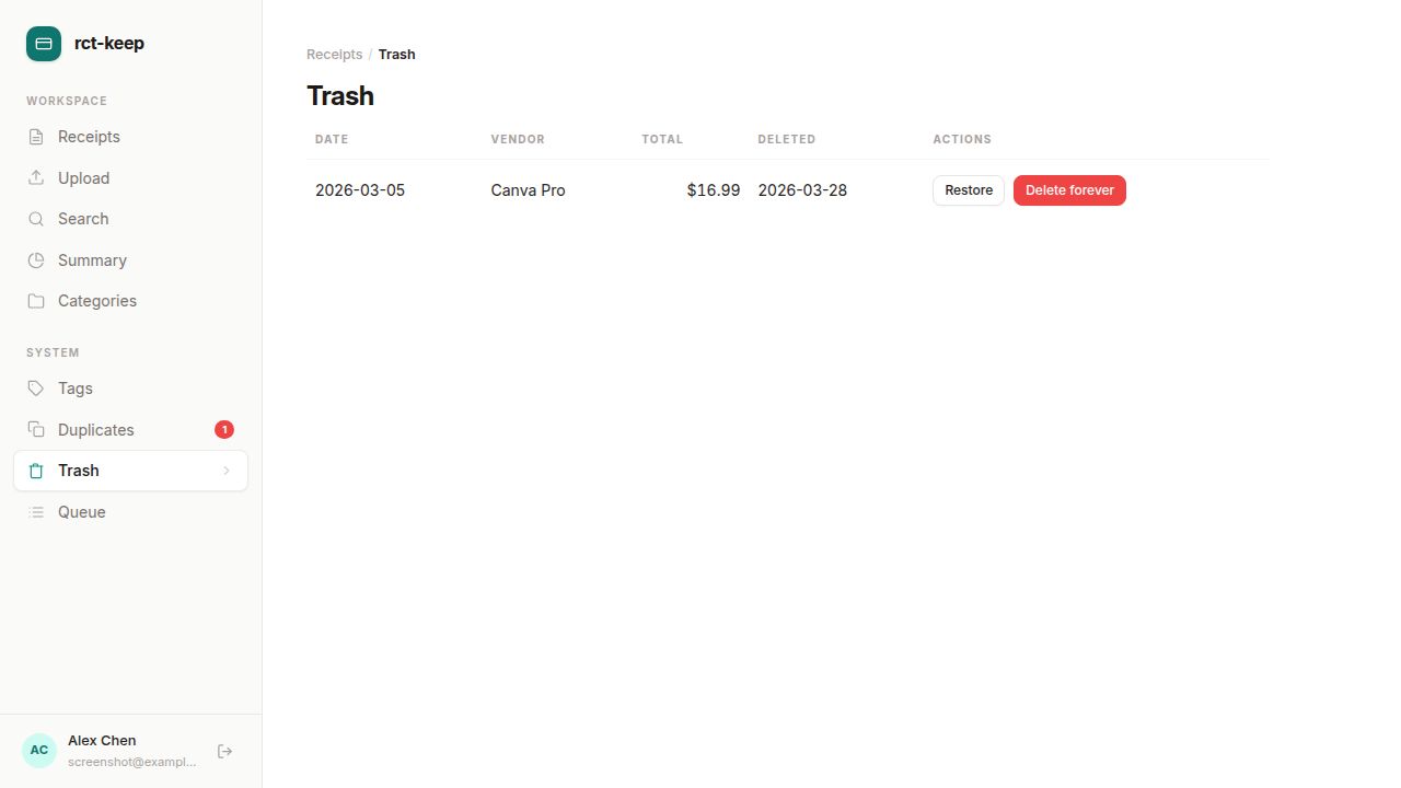 The Trash page listing deleted receipts with Restore and Permanently Delete buttons