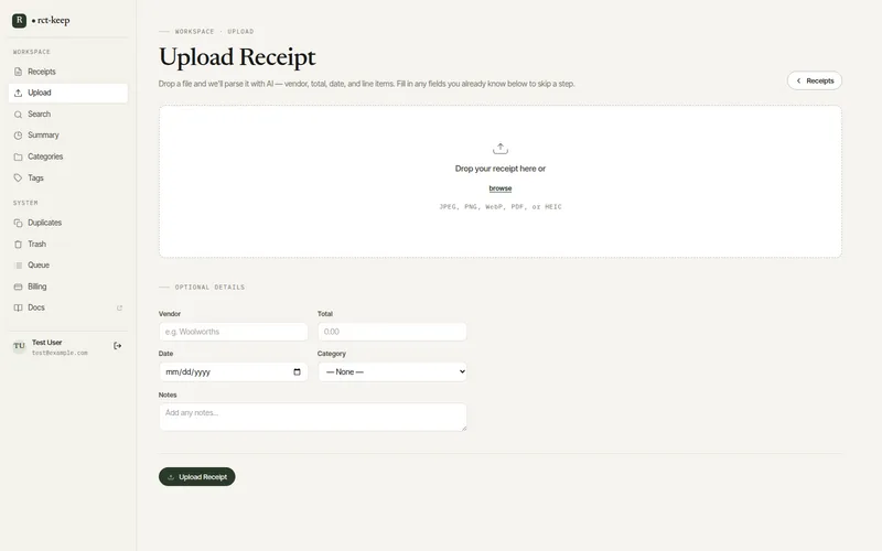 The Upload Receipt page showing the drop zone and optional fields
