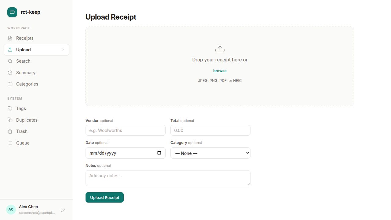 The Upload Receipt page showing the drop zone and optional fields