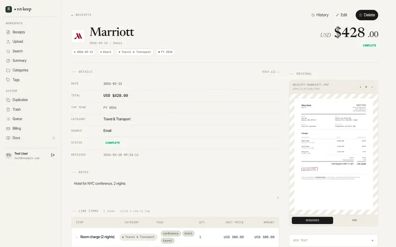 A receipt detail page in rct-keep showing vendor, total, line items, and the original PDF preview.