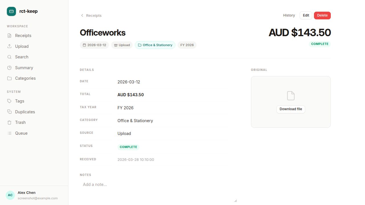 Receipt detail page showing an email receipt with full metadata, category, and original file preserved