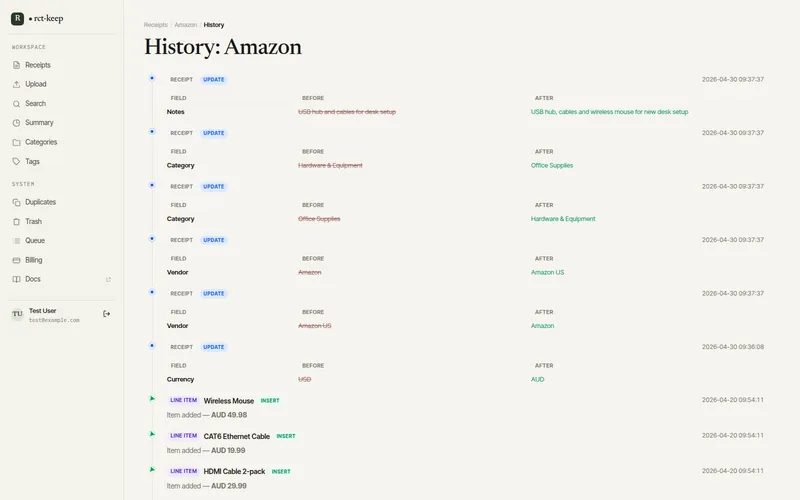Receipt history page showing a timeline of edits with before and after values for each changed field