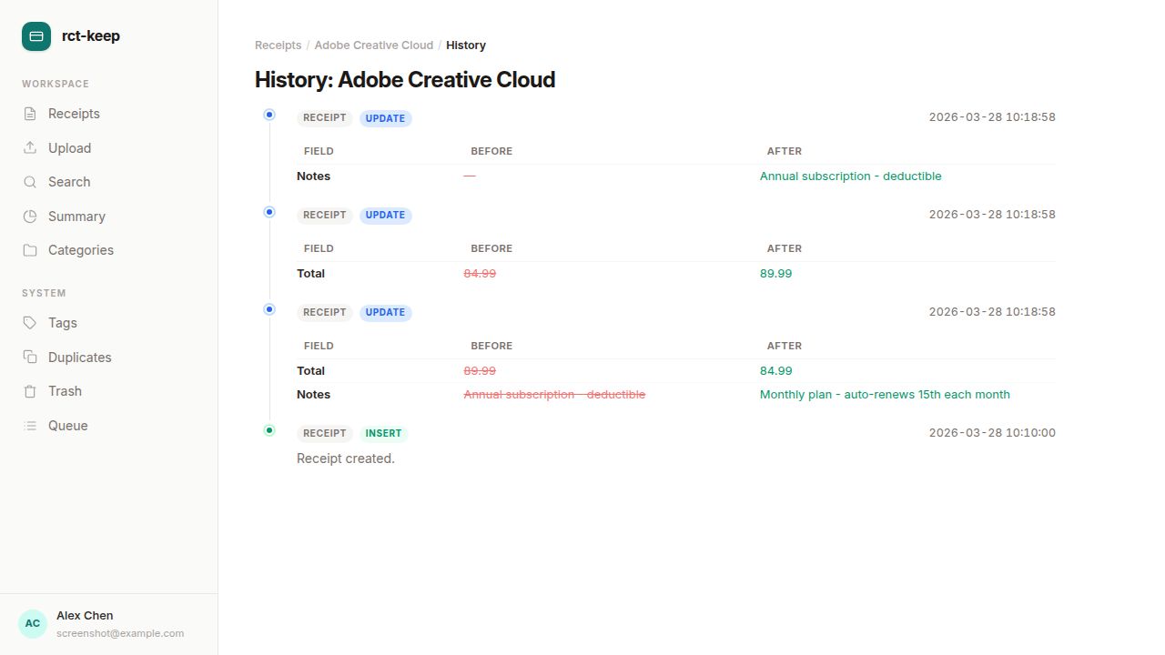 Receipt history page showing a timeline of edits with before and after values for each changed field