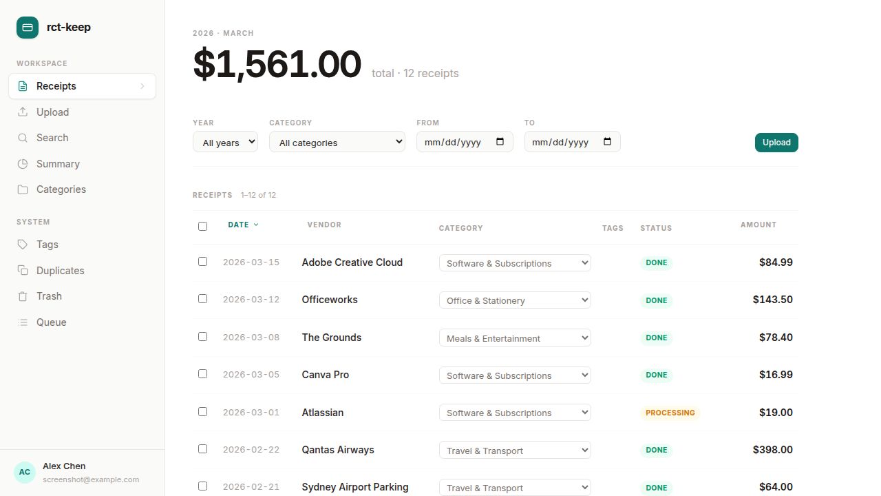 Receipt list showing imported email receipts after connecting a Gmail inbox